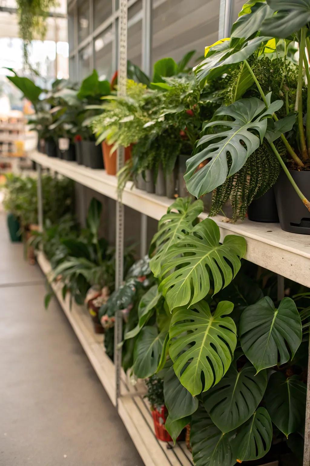 A vibrant plant-inspired arrangement with split-leaf philodendron fronds on a shelf.