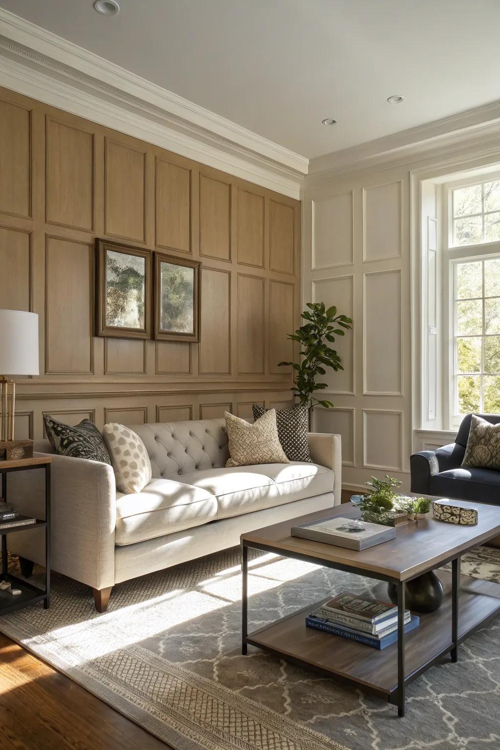 Traditional meets modern in a dimly lit living room.