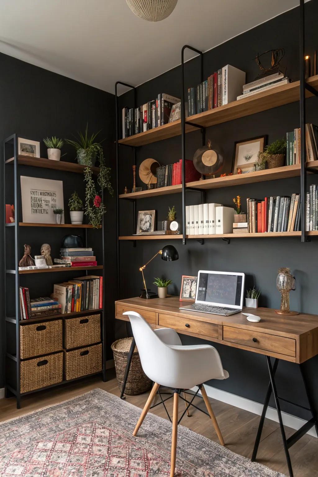 Open shelving adds character and accessibility to the office.
