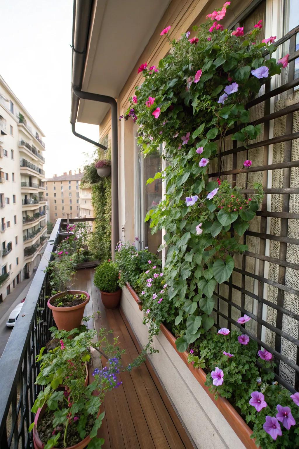 Urban balcony transformed into a lush vertical garden with morning glories.