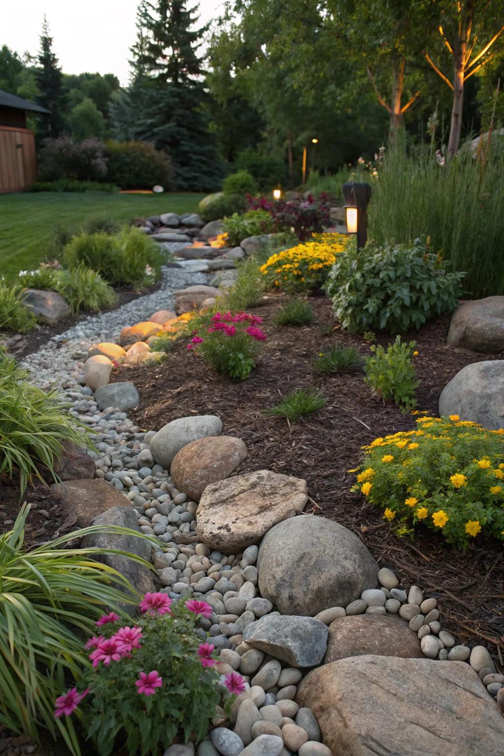 Natural elements enhance mulch border beauty.