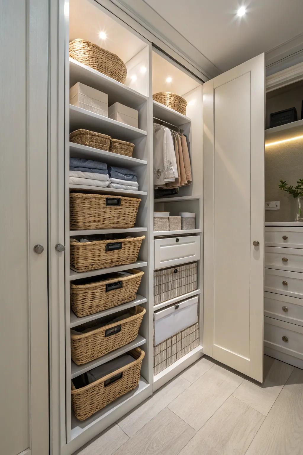 Sliding bins and drawers in a slender cabinet designed for simple access.