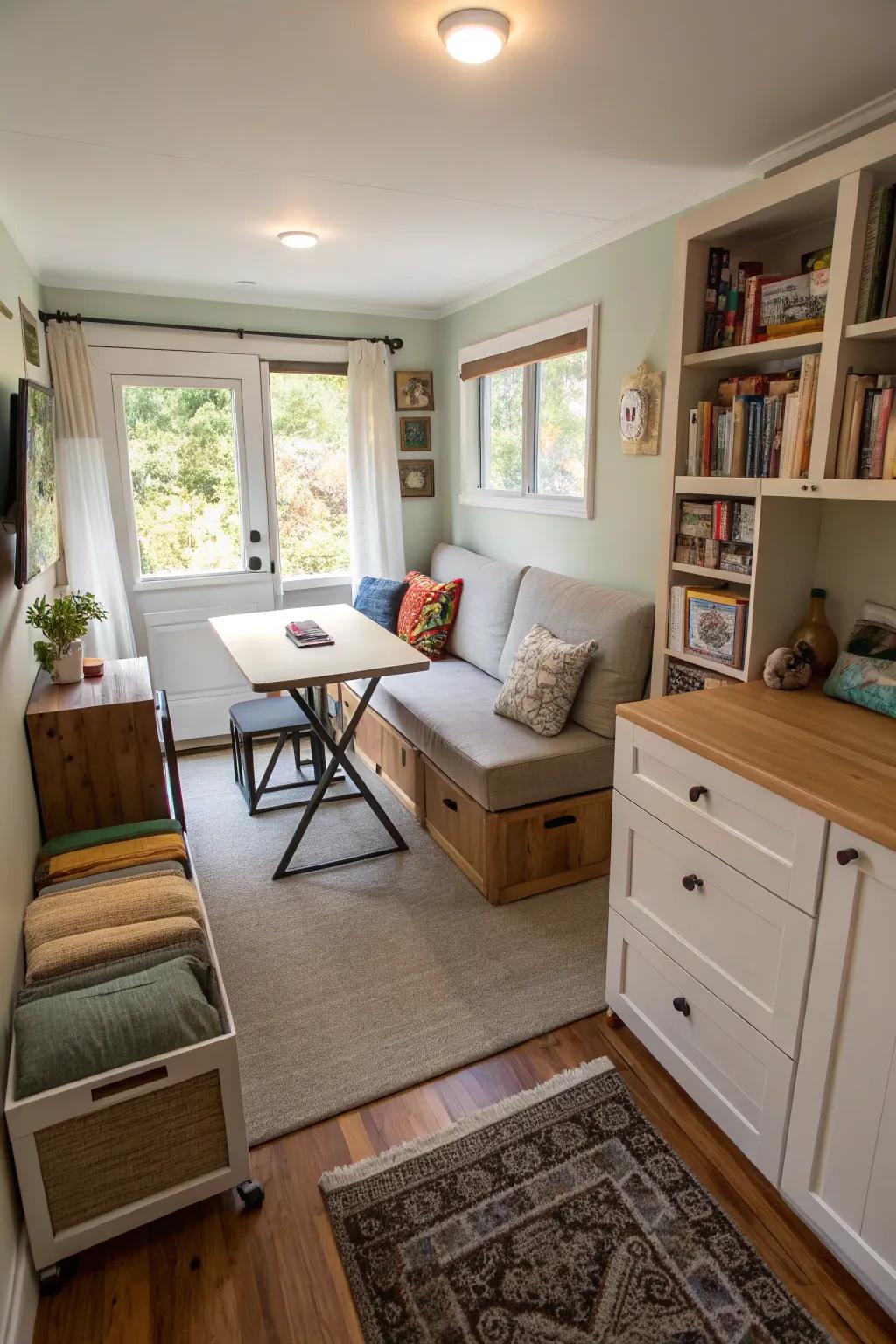 Furniture that does more than one thing helps save space in a small living room.