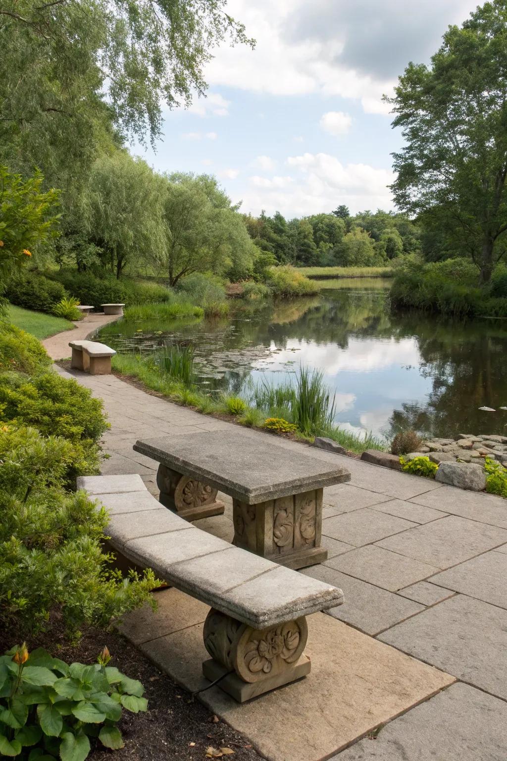 A peaceful seating area perfect for enjoying the serene pond environment.