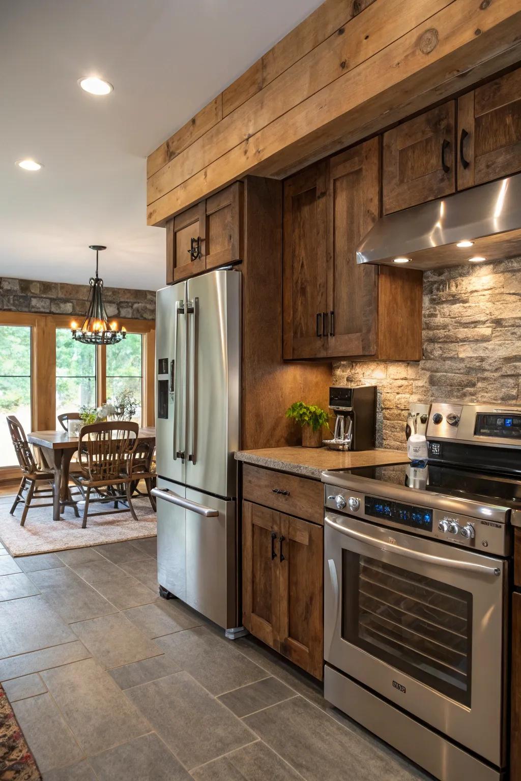A flawless amalgamation of modern appliances and countryside wood components.