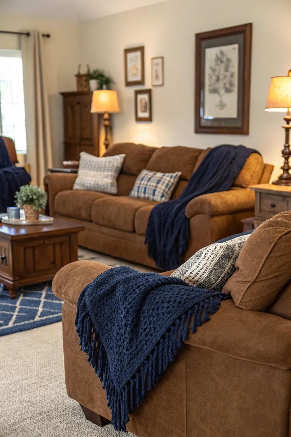 Navy throws on brown sofas add depth and warmth to this living room.