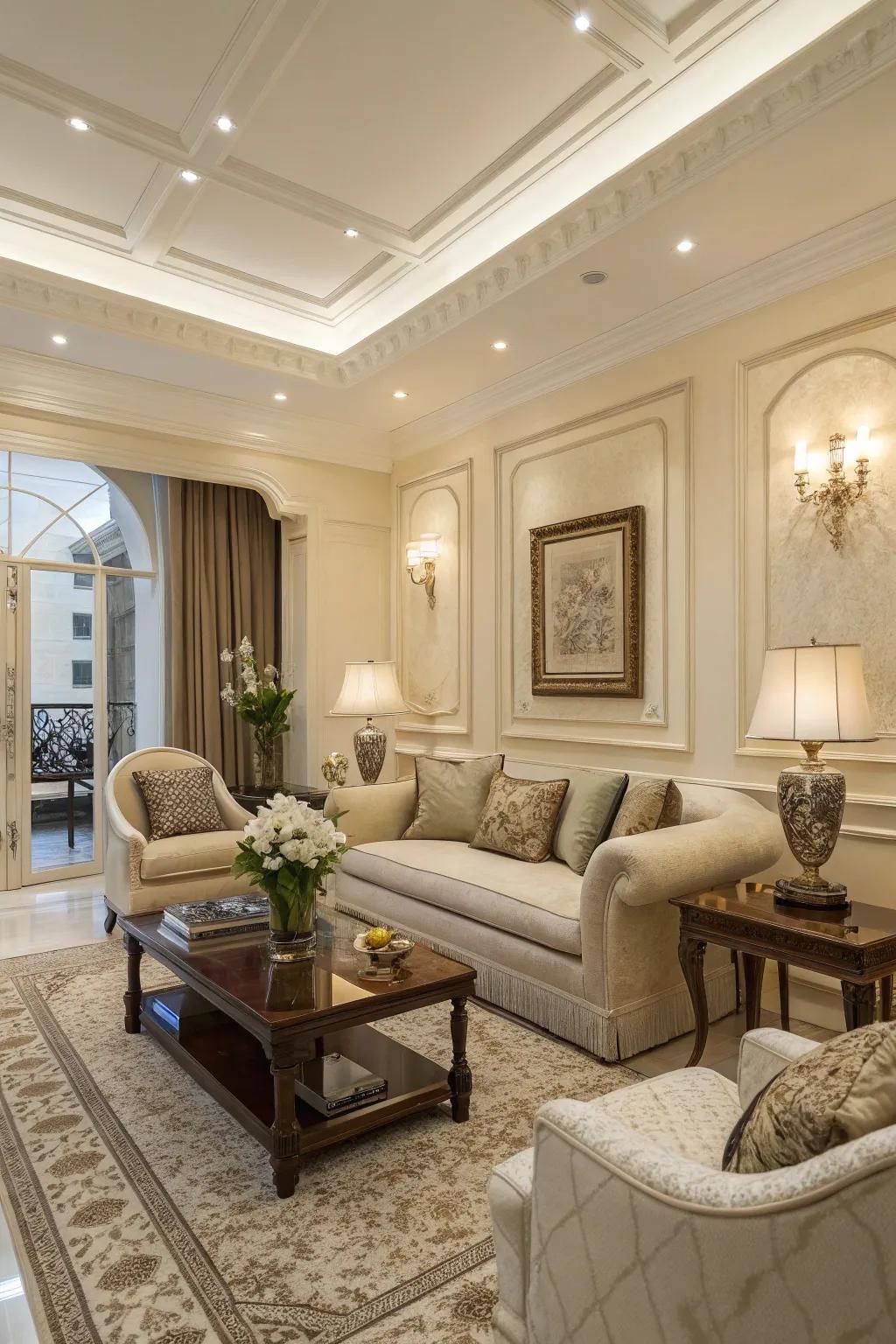 A luxurious living room exuding warmth with its cream-colored palette.