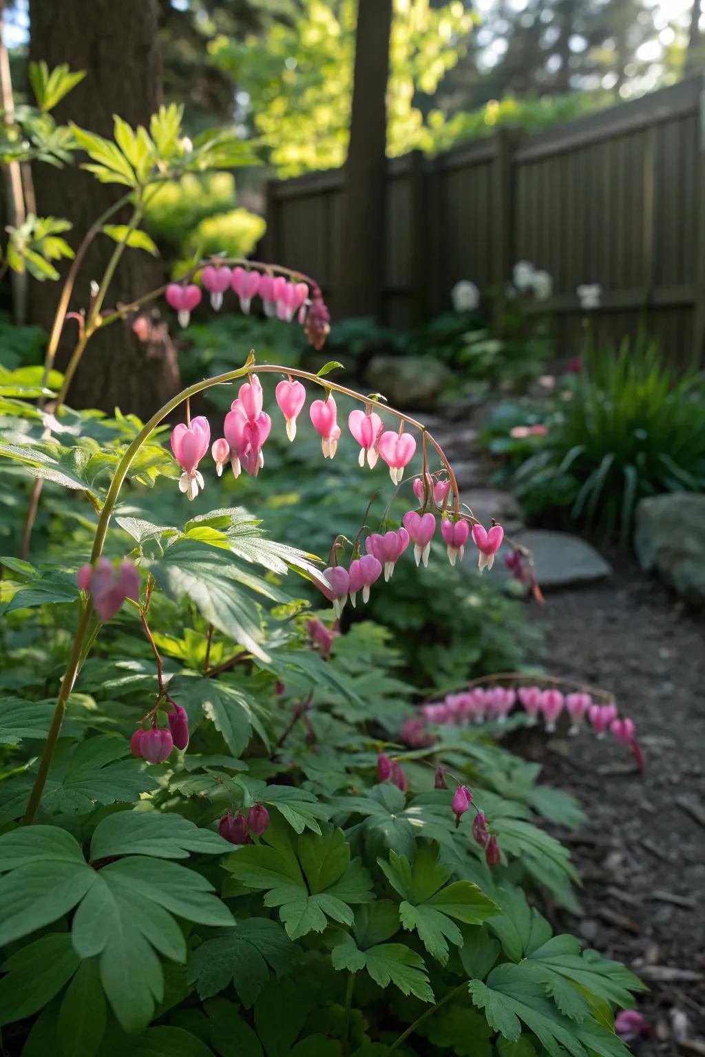 Bleeding heart adds a romantic touch with its delicate flowers.
