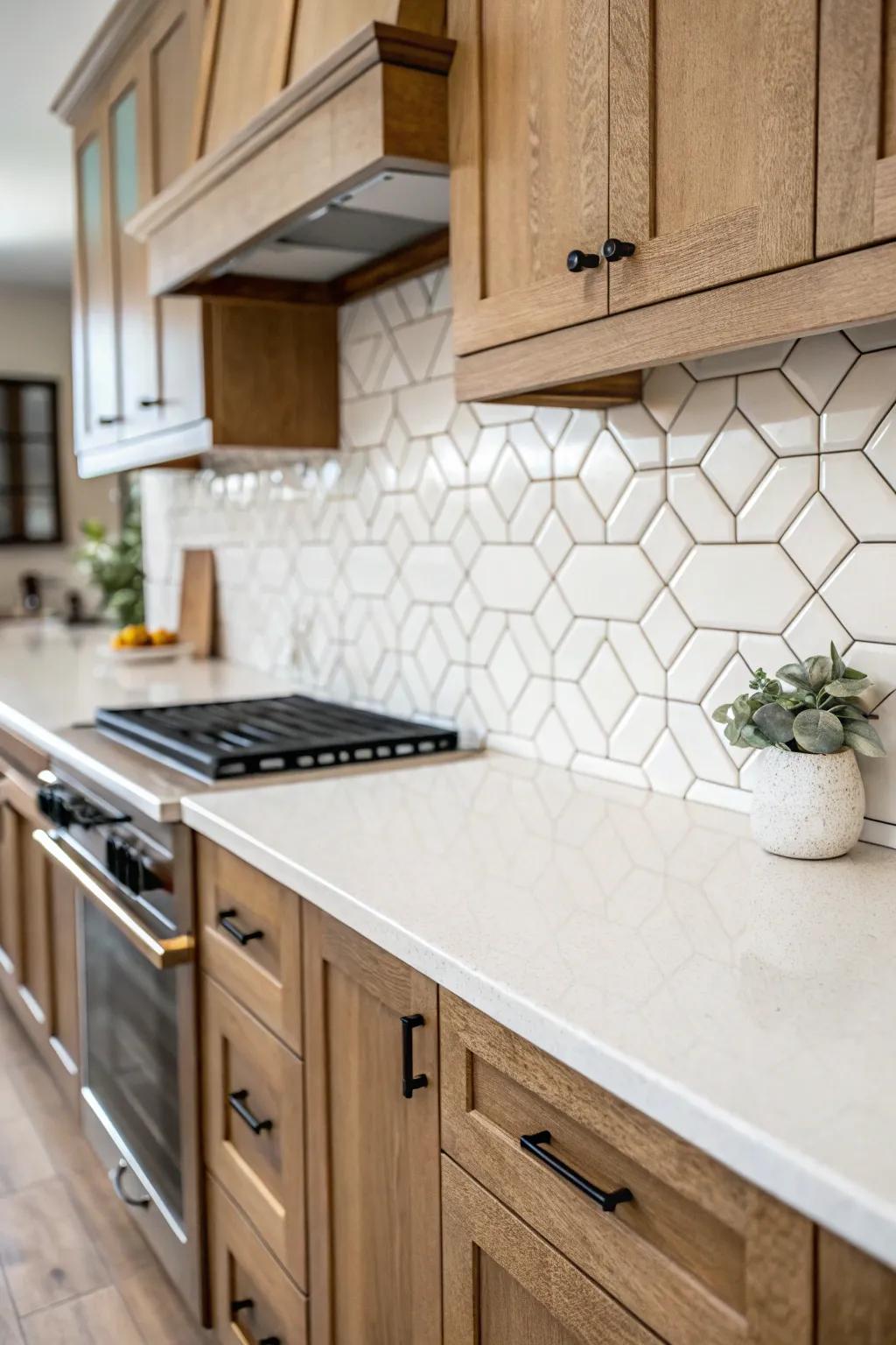 A neutral backsplash complements the oak and white kitchen.