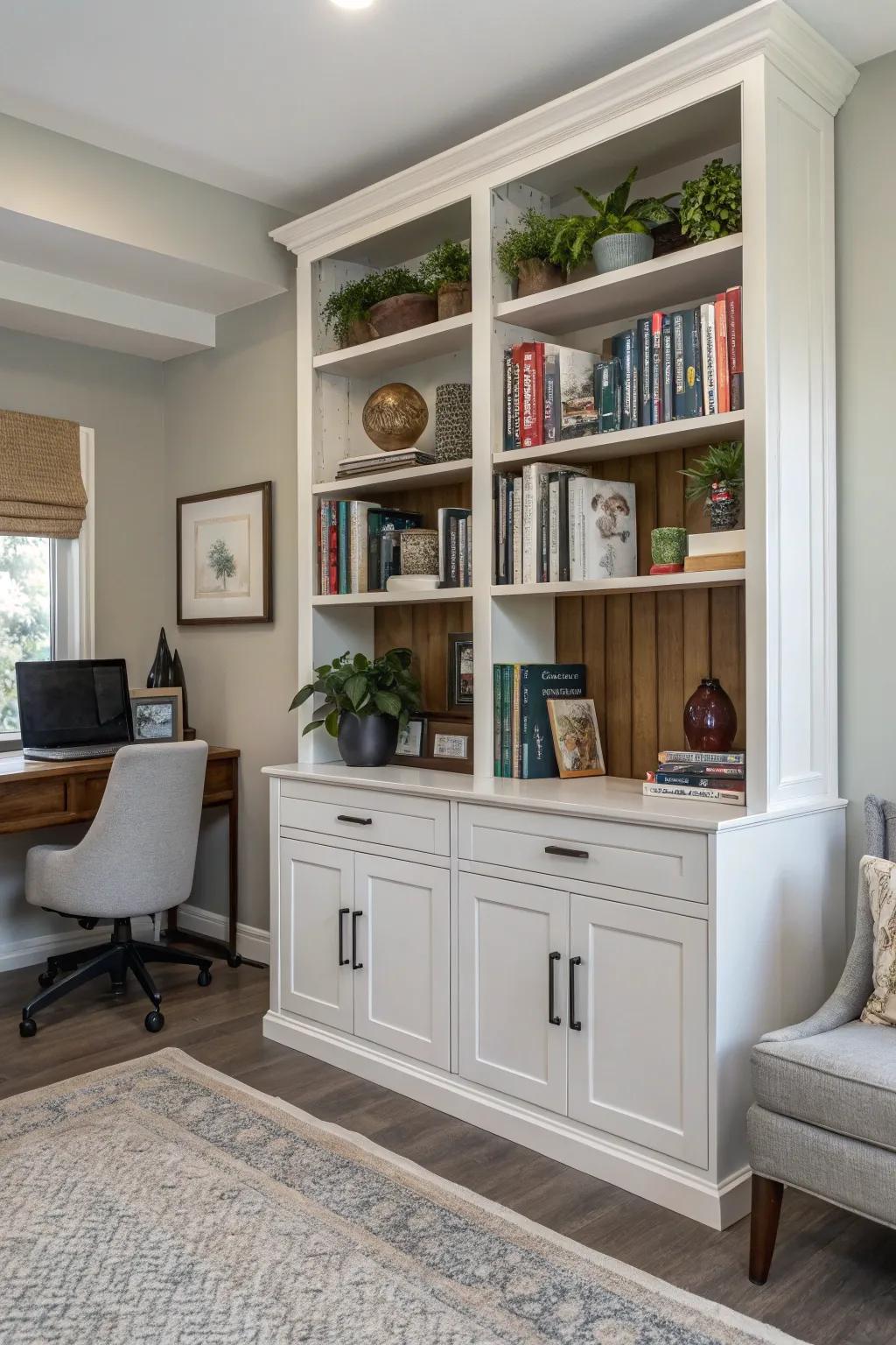 Balance display and storage via a bookcase-unit hybrid.