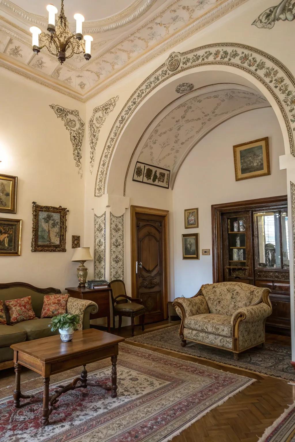 Architectural details enhance the grand narrative of the room.