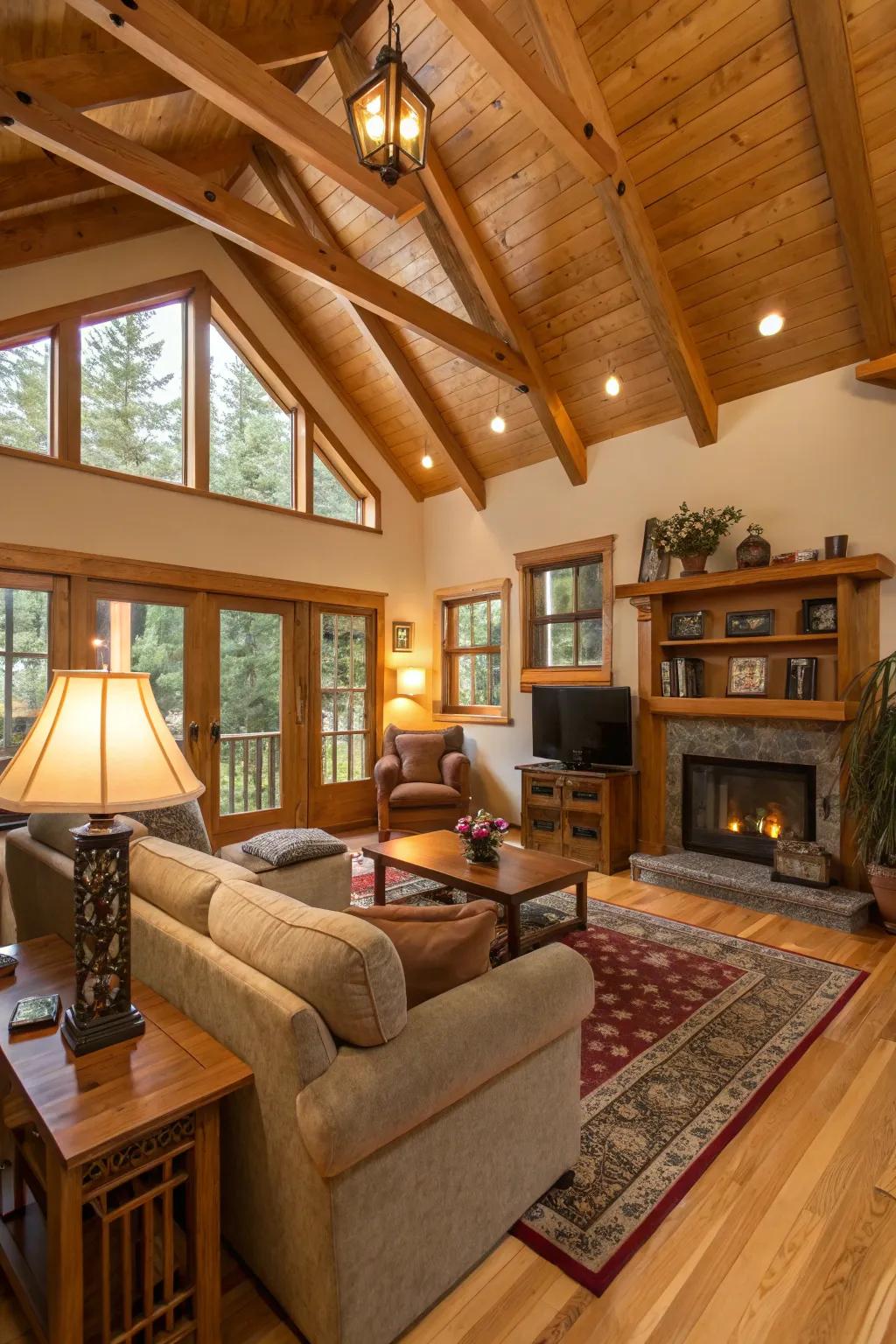 Warm wood tones create a welcoming atmosphere in this open-ceiling living room.