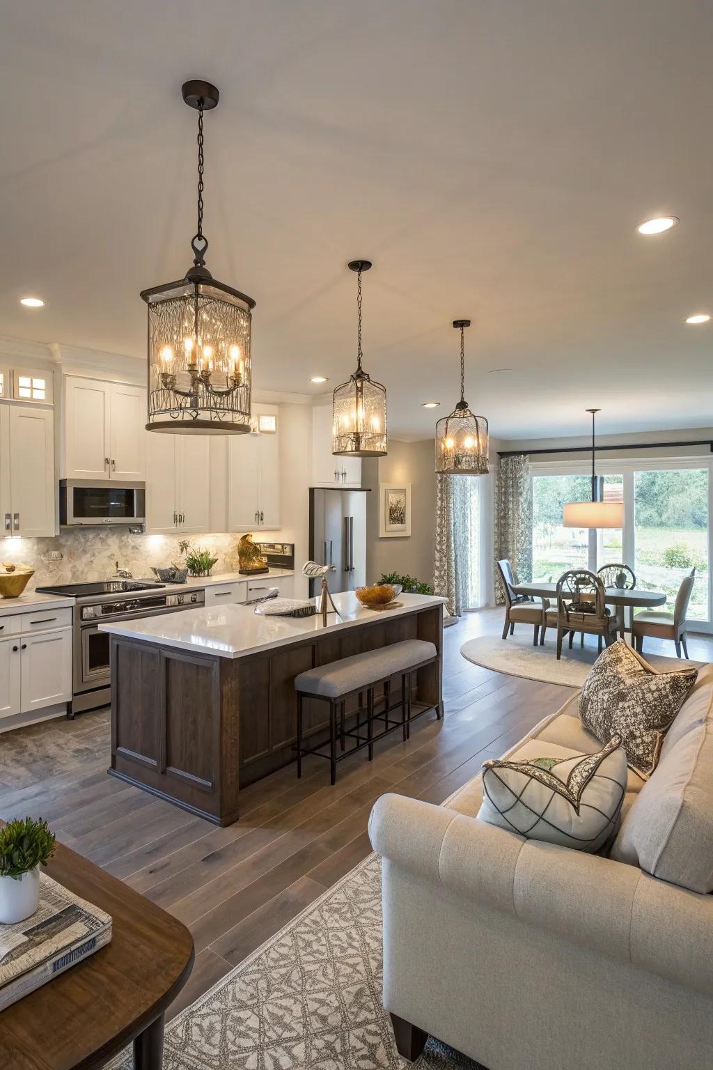 Stylish lights add elegance and function to open spaces.