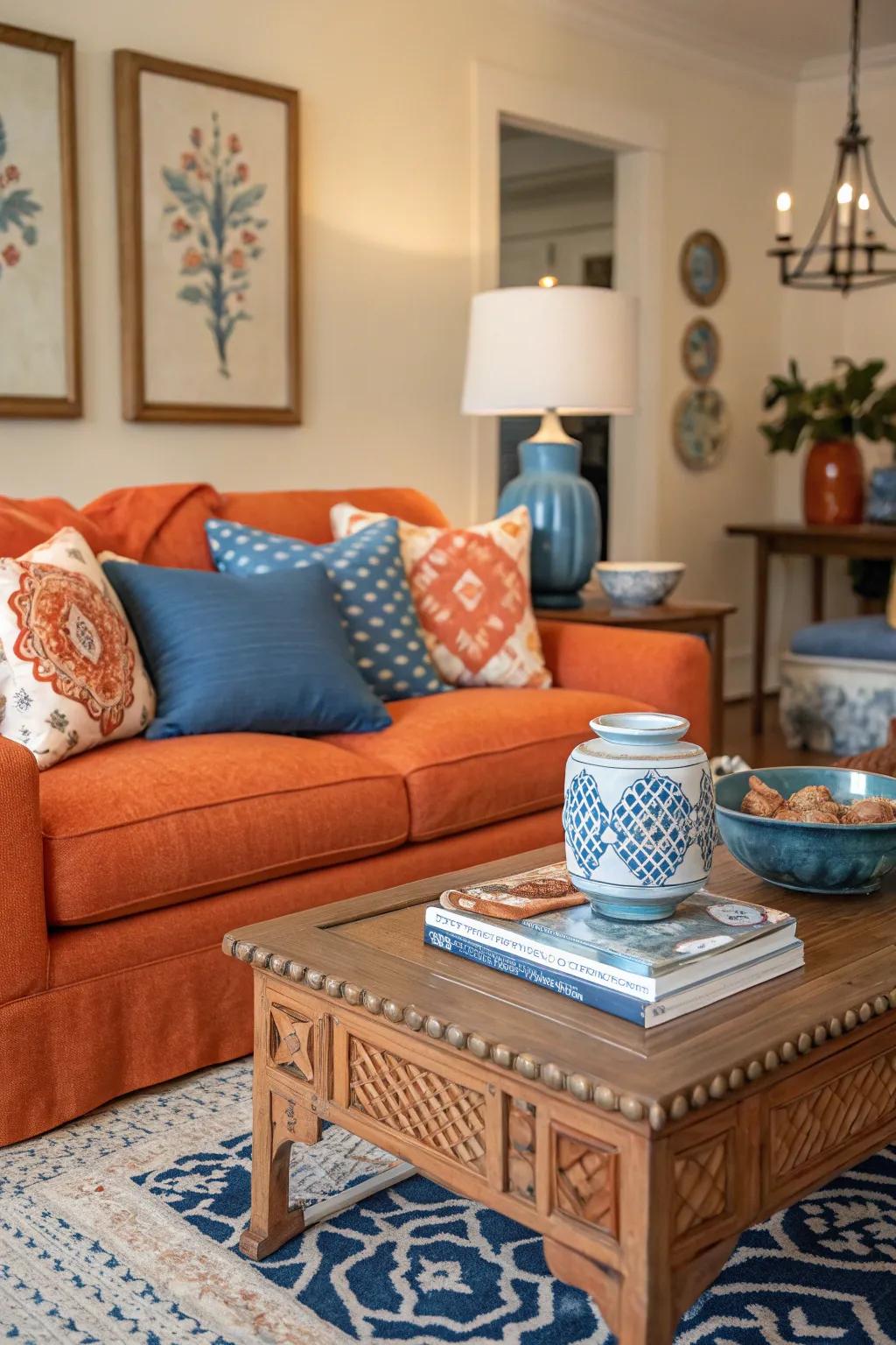Azure and orange aspects unite to fashion a harmonious and elegant living space.