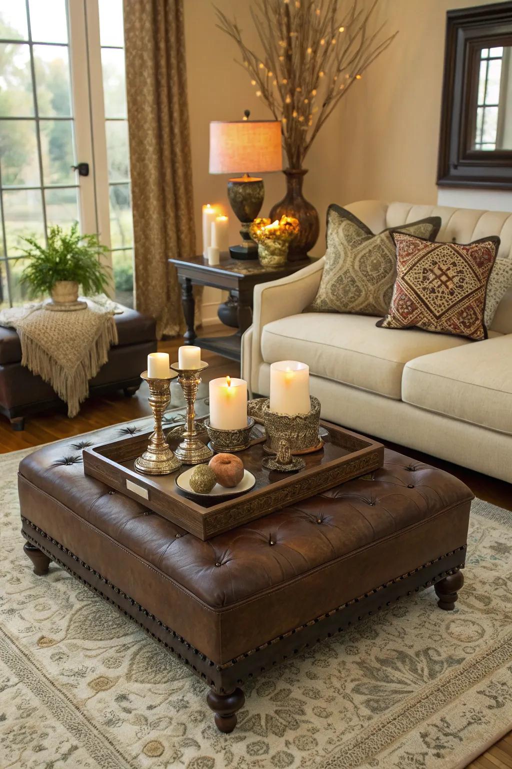 An ottoman elegantly styled with decorative accents.