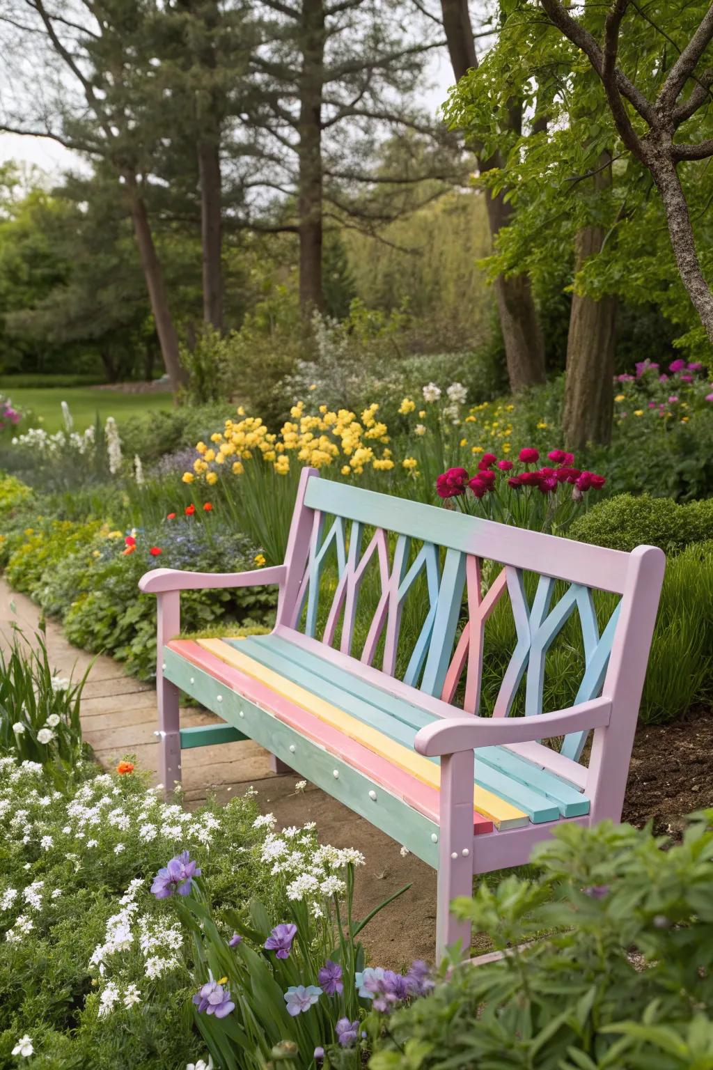A bench painted in pastel colors adds a playful touch.