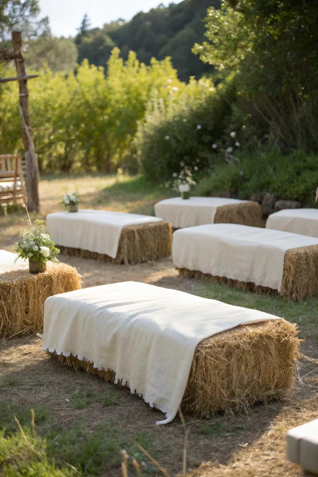 Embrace the charm of nature with simple and stylish straw bale seating.