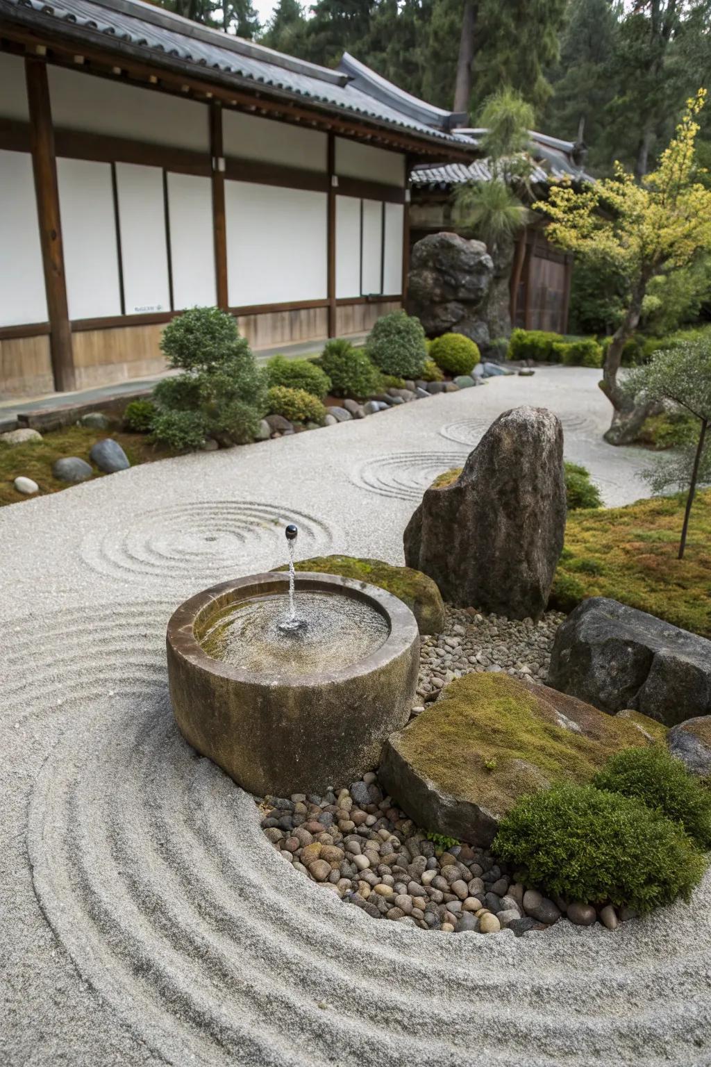 A Zen fountain creating a peaceful garden sanctuary.