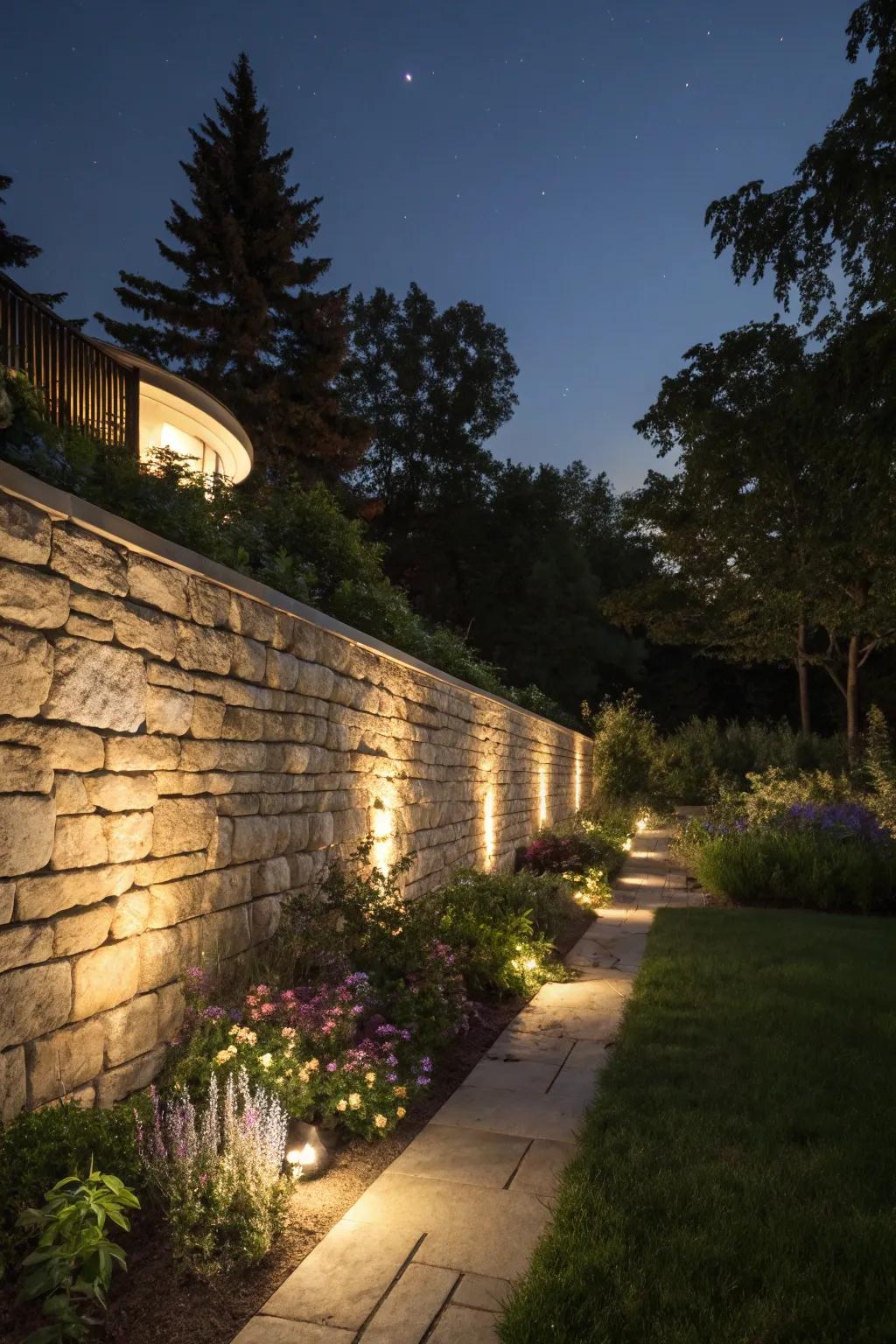 Lighting enriches the beauty and safety of stone walls when it gets dark.