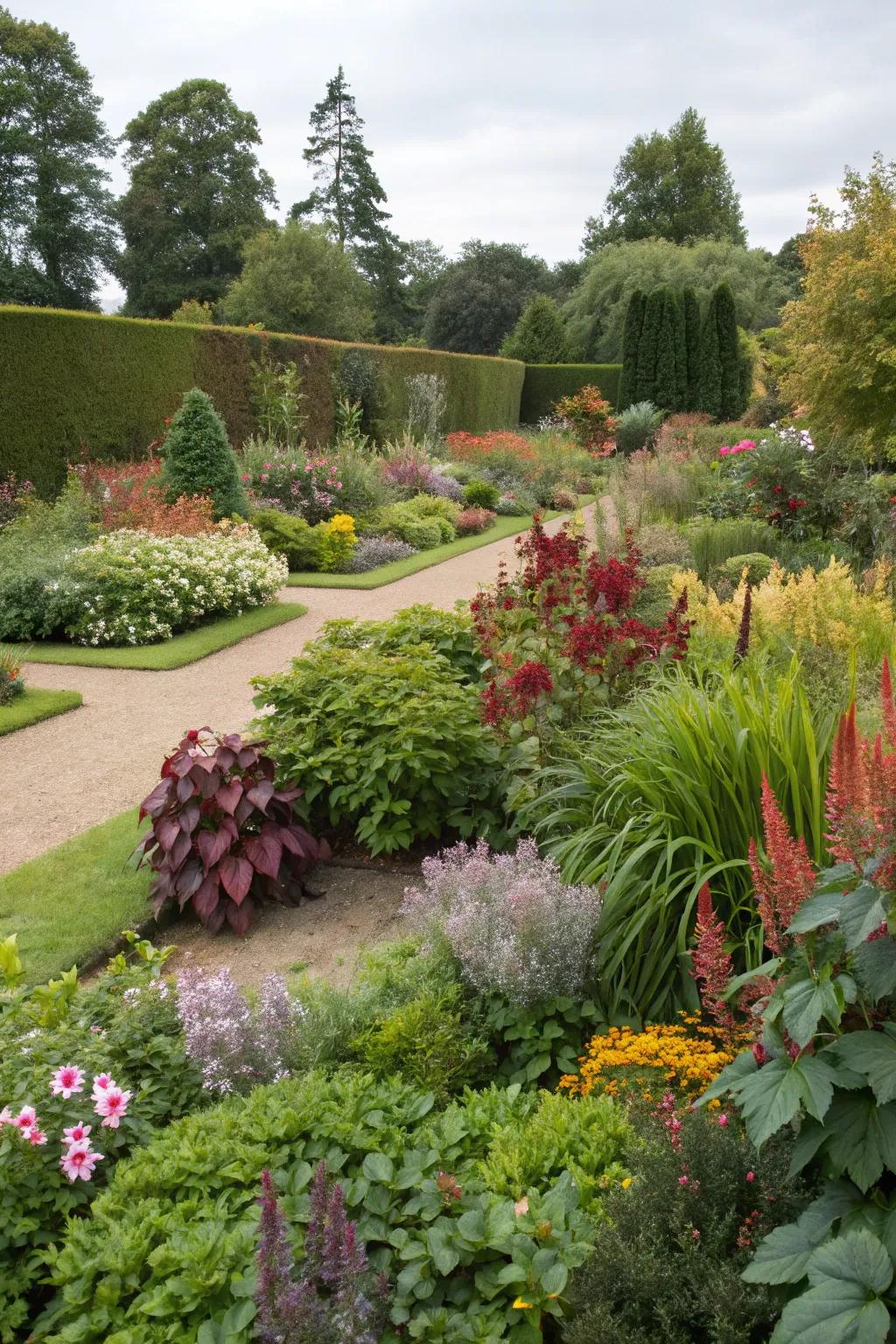 A diverse garden presenting a blend of shrubs and colorful perennials.
