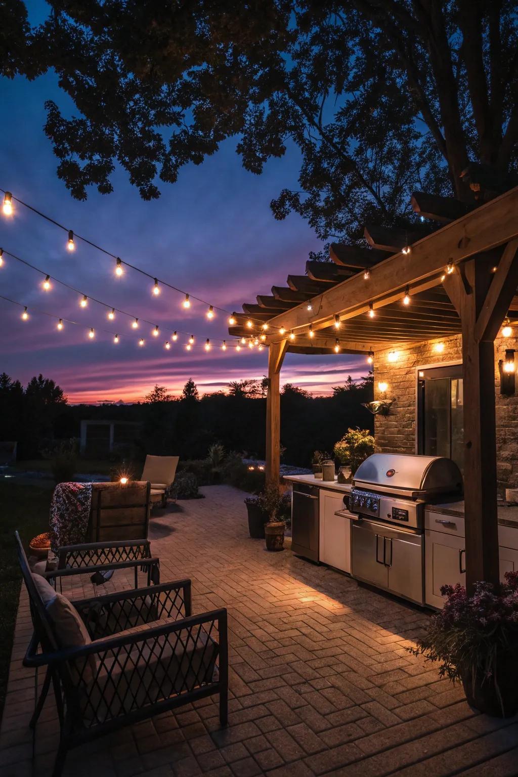 String lights create an enchanting atmosphere for evening grilling.
