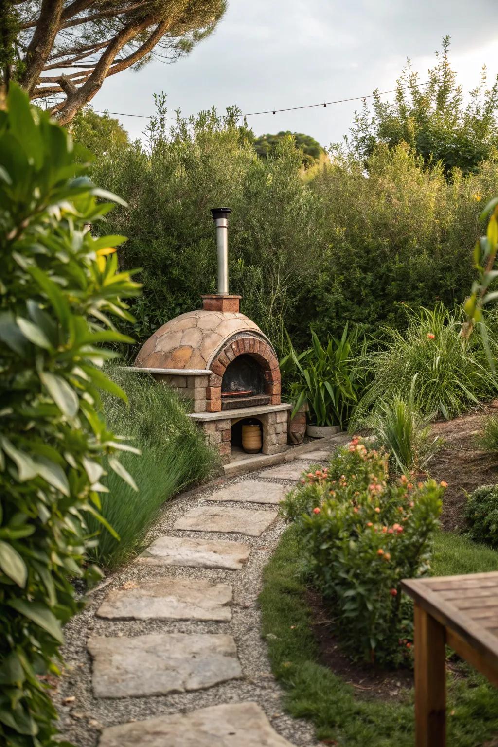 A garden-integrated pizza oven that offers a slice of paradise in your own backyard.