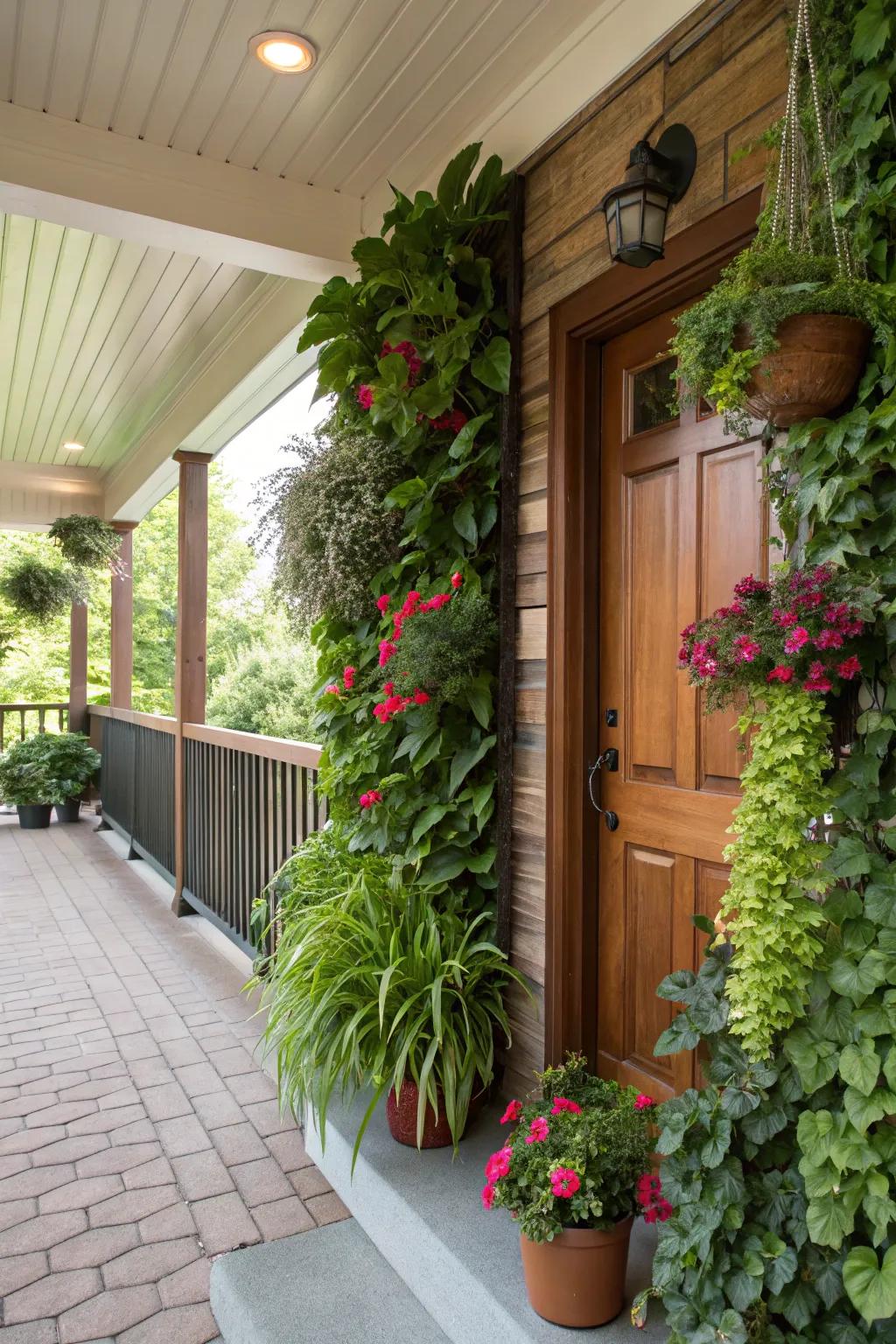 A lush vertical garden adds vibrant greenery to this porch setting.