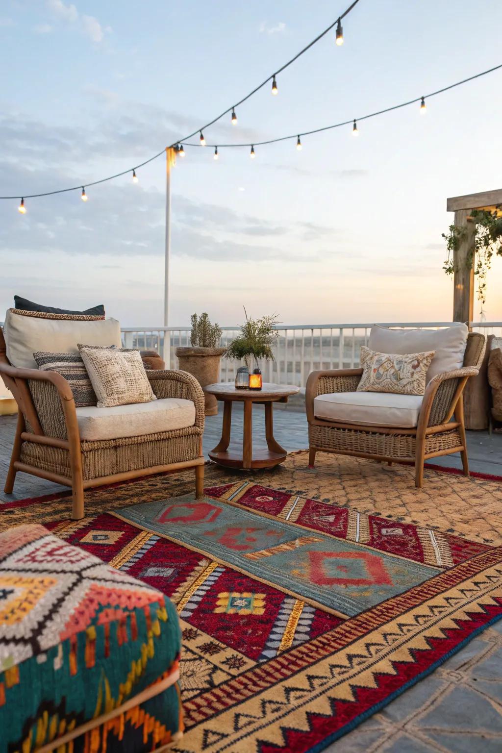 Exterior textiles define spaces and add vibrant color.