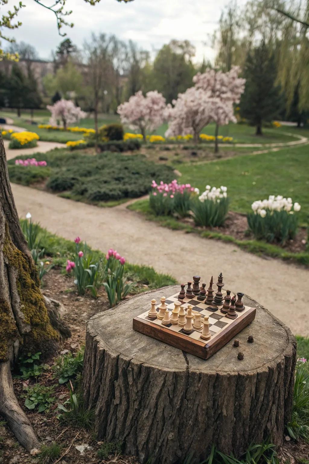 A stump becomes a playful invitation for outdoor entertainment.
