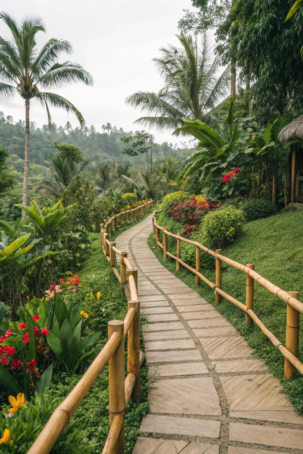Bamboo railings lend an eco-friendly, exotic touch to pathways.