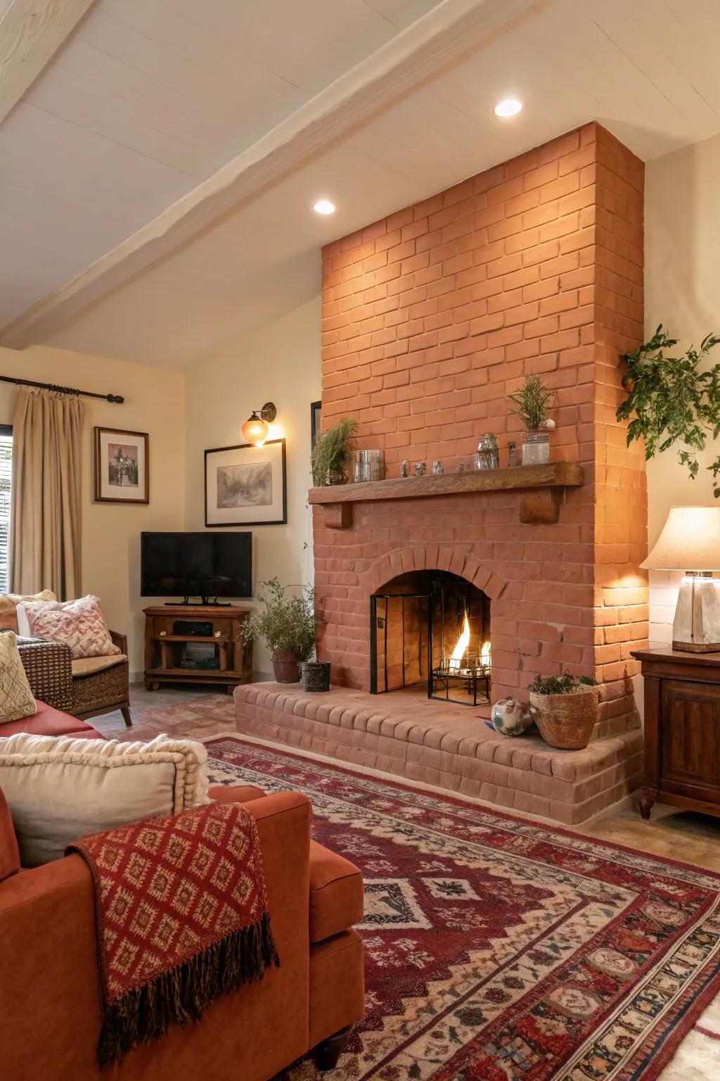 A terracotta-painted fireplace delivering warmth and coziness.