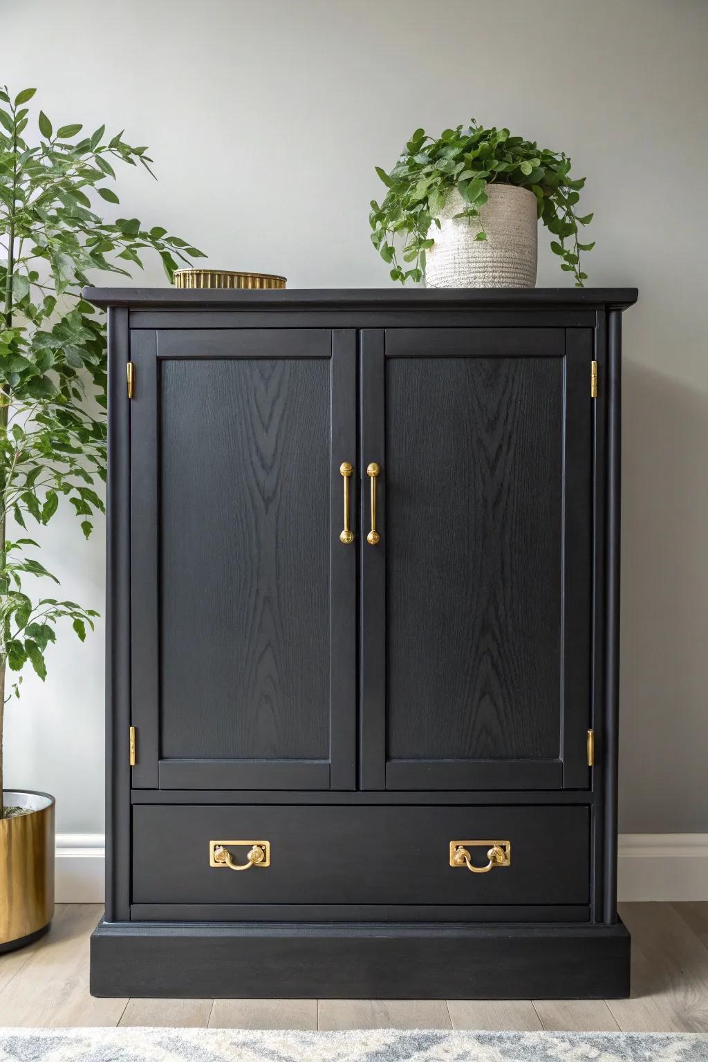 Transform your kitchen with dramatic black cabinets and gold accents for a chic, minimalist look.