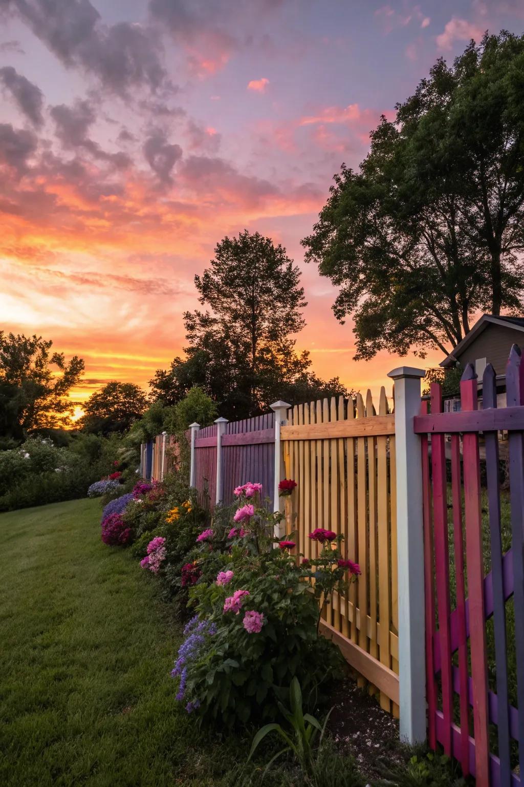 A vibrant picket fence radiating with the warm colors of a picturesque sunset.