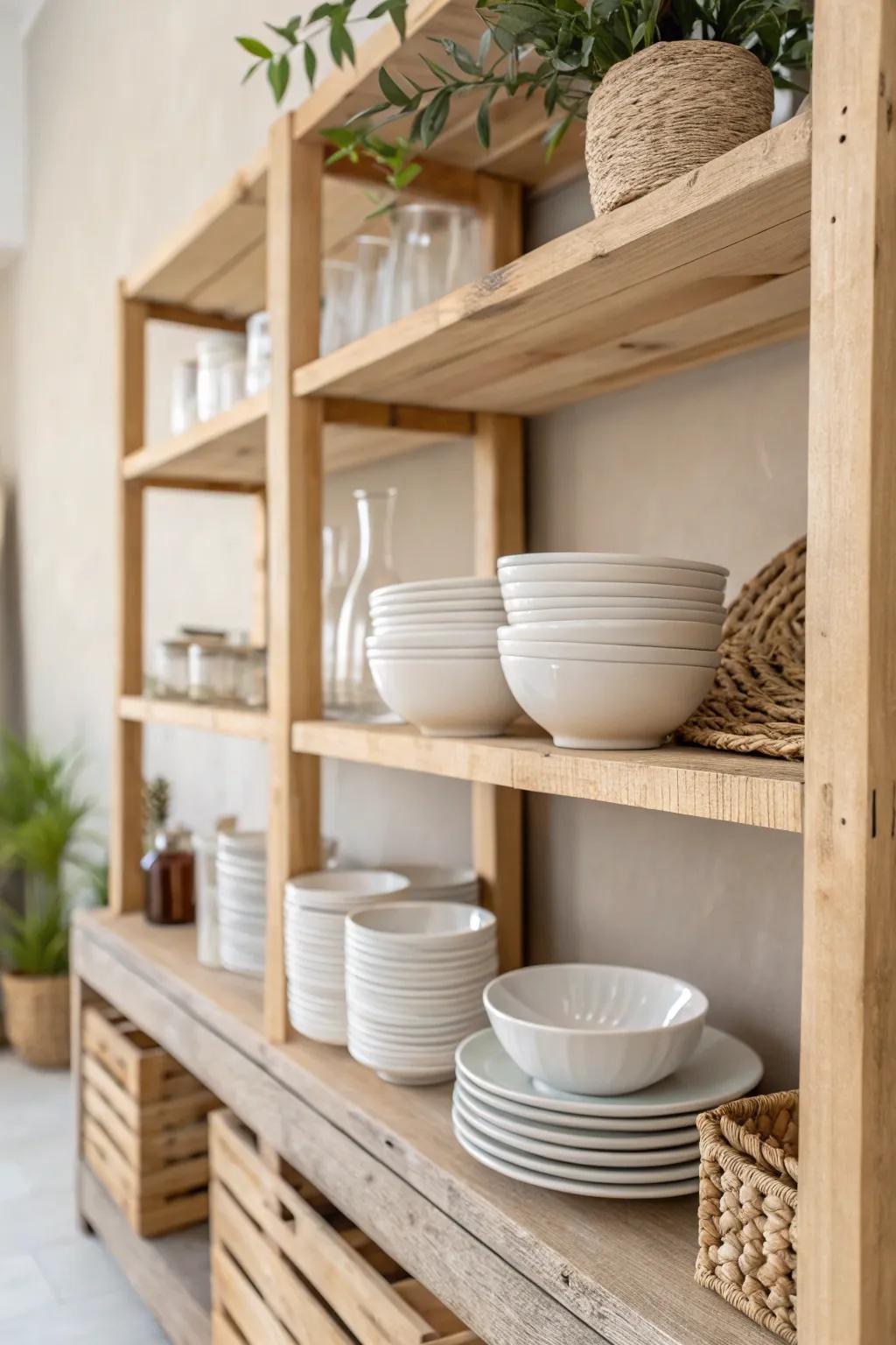 Transform your kitchen into a stylish haven with open pallet shelving that combines beauty with functionality.