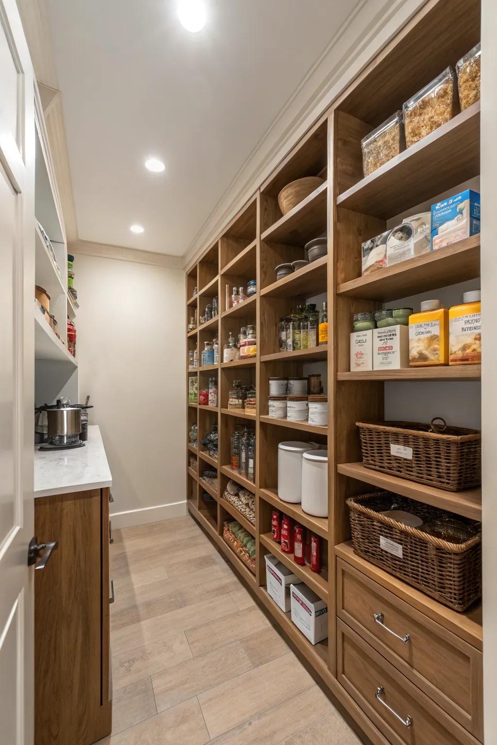 A U-shaped pantry that maximizes storage using shelves on three walls.
