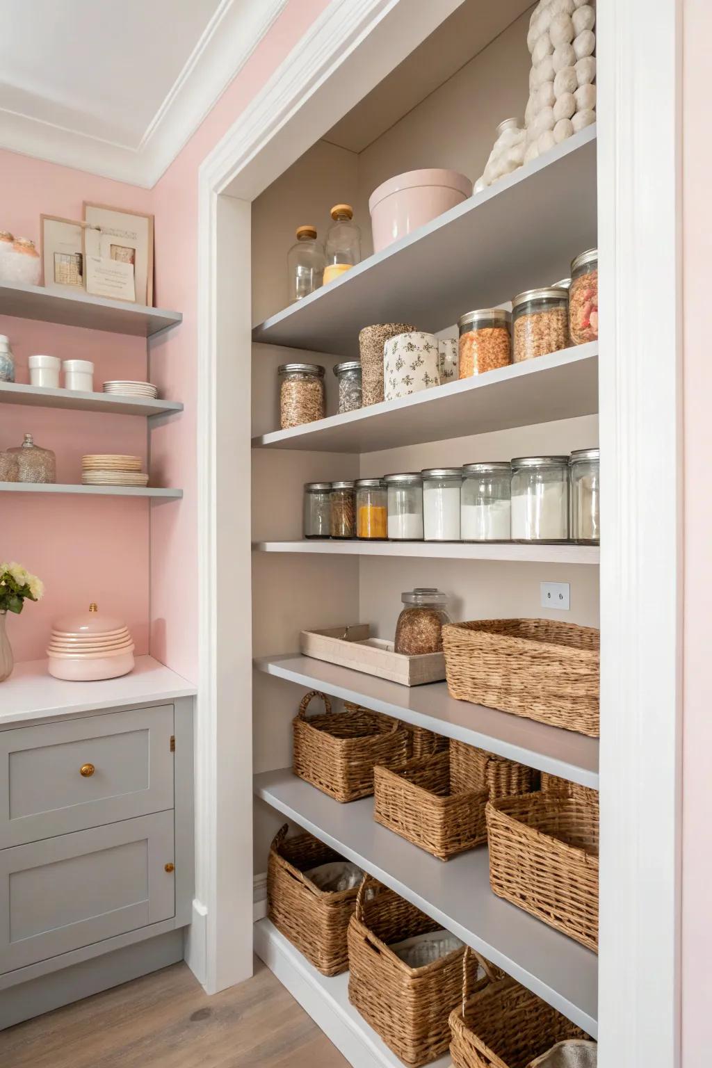 A pastel pink pantry that feels charming and sweet.