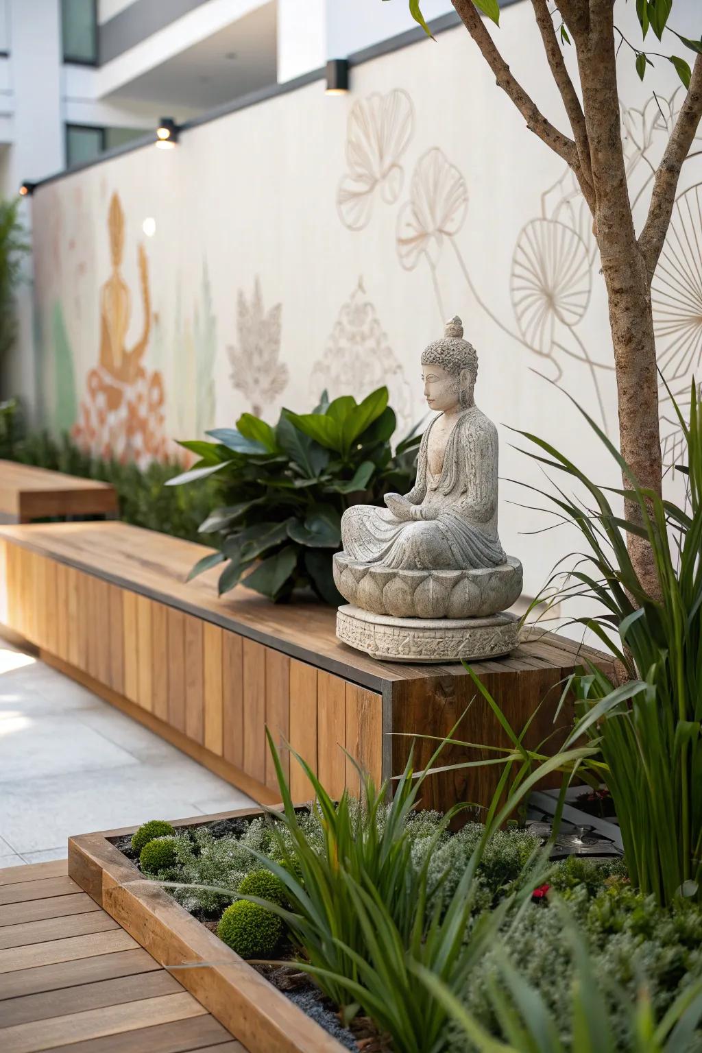 Discover the charm of artistic touches in your parklet with this enchanting blend of sculpture and mural art.