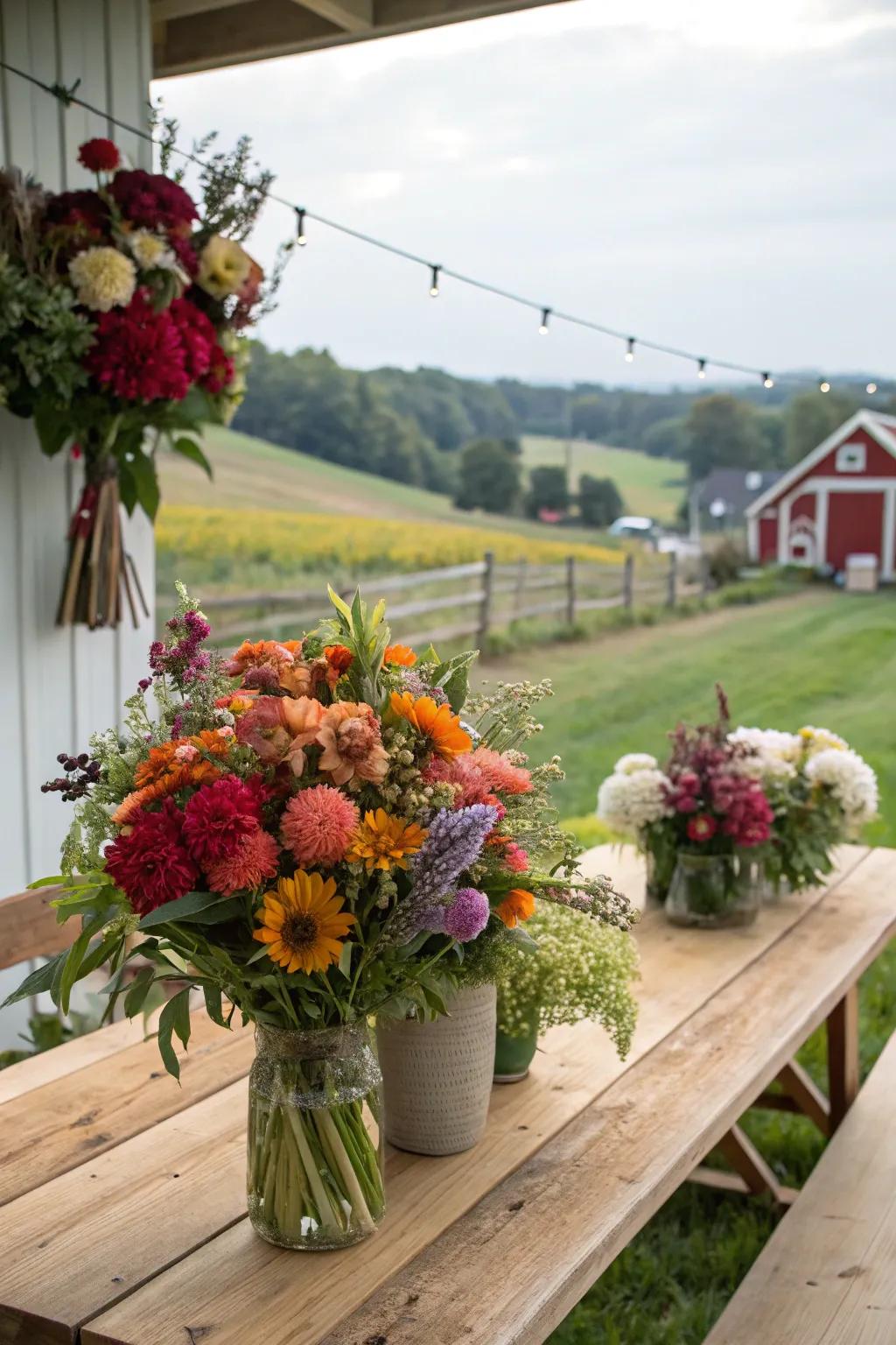 Farm-sourced botanical arrangements featuring regional blooms.