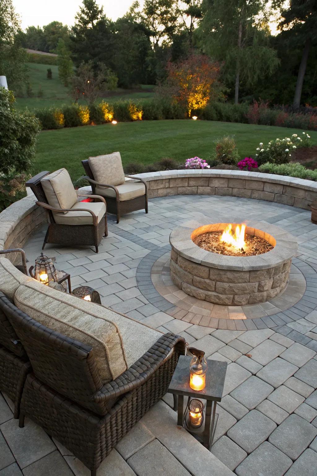 A cozy fire feature on a paver patio, perfect for gathering around.