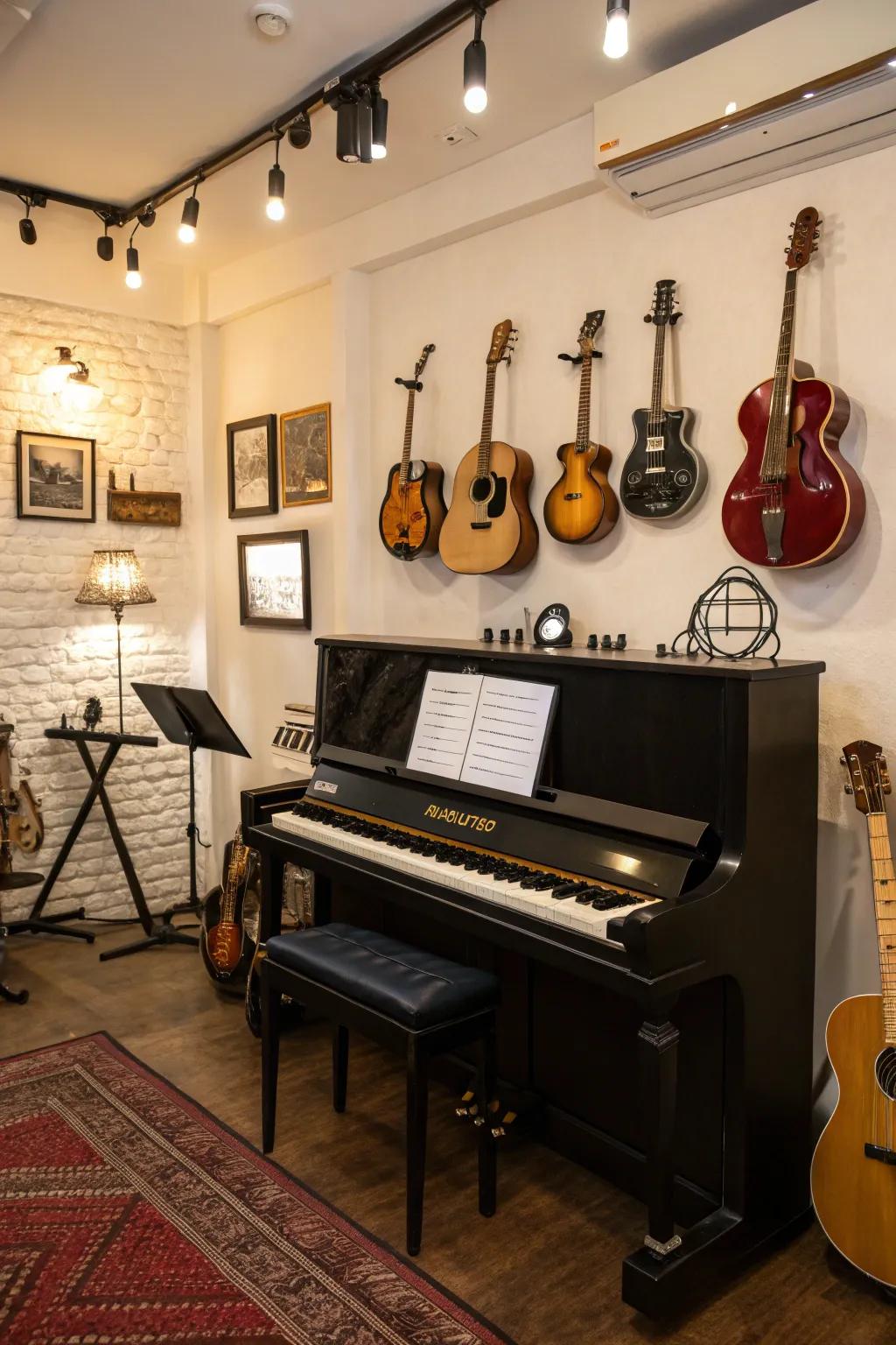 Other instruments beautifully accent the piano space.