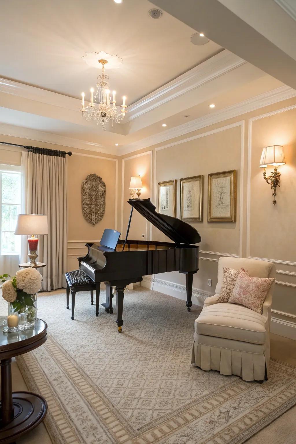 A neutral palette makes the piano space feel calm and welcoming.