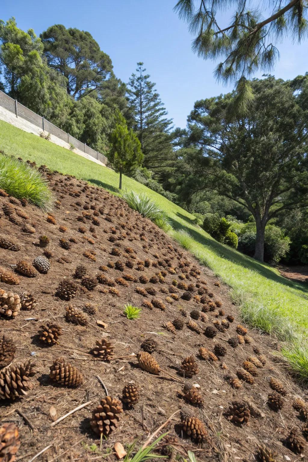 Pinecones adeptly manage soil erosion on slopes.