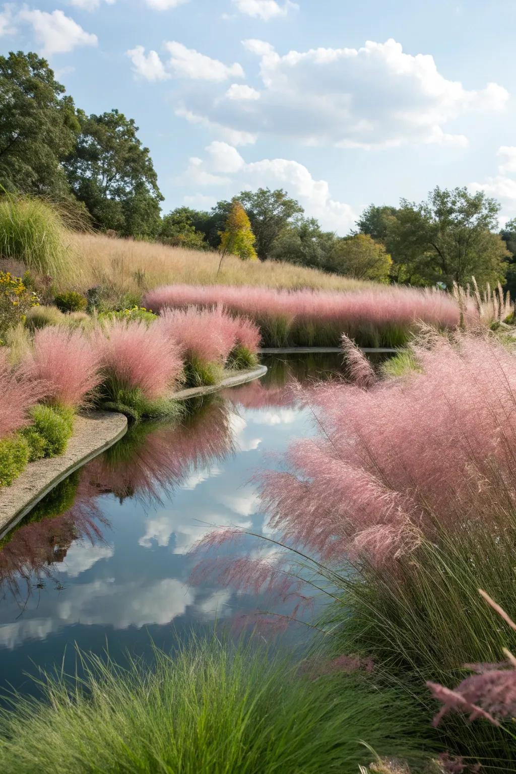 Pair pink muhly grass with water for a tranquil scene.