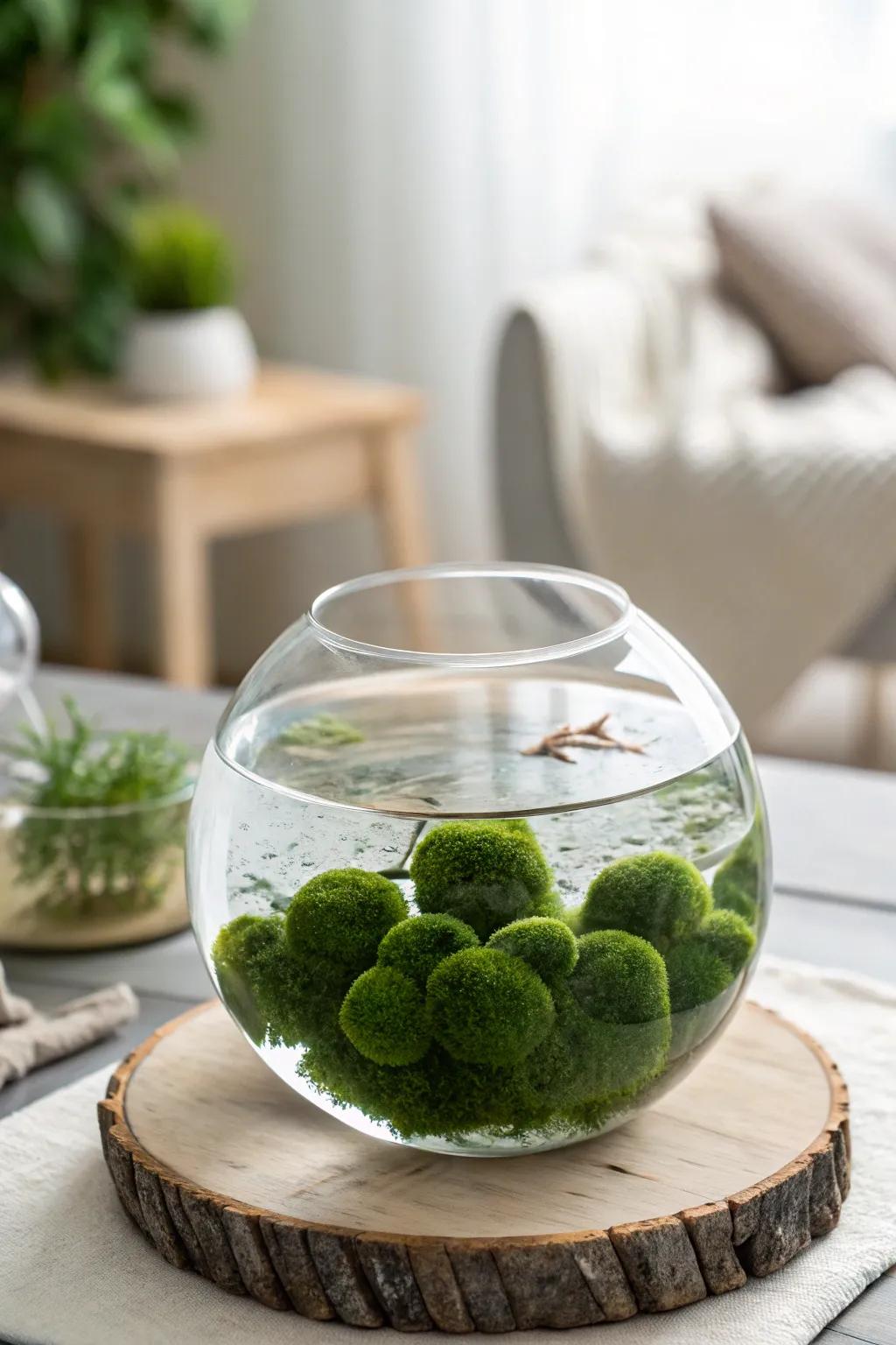Embrace simplicity and natural beauty with mystical moss balls in your goldfish tank.