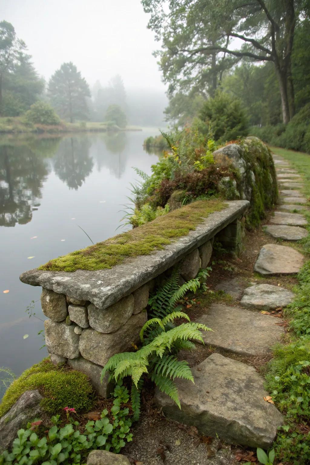 A built-in stone bench offers a natural seating solution by the pond.