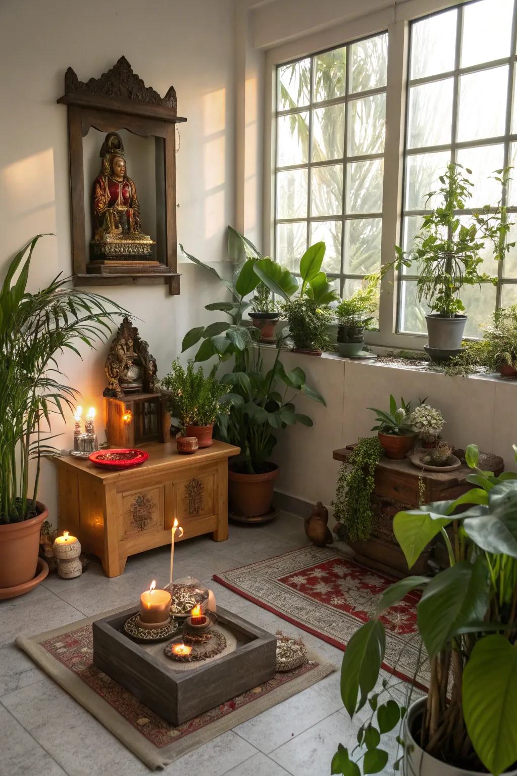 Nature pieces like greenery bring freshness and peace to this pooja room.