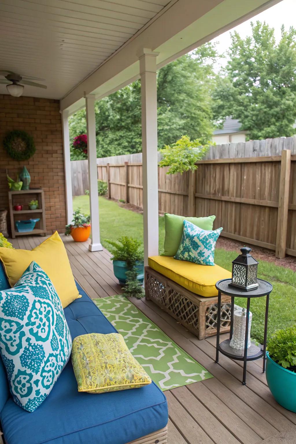 A porch extension with colorful cushions and small side tables.