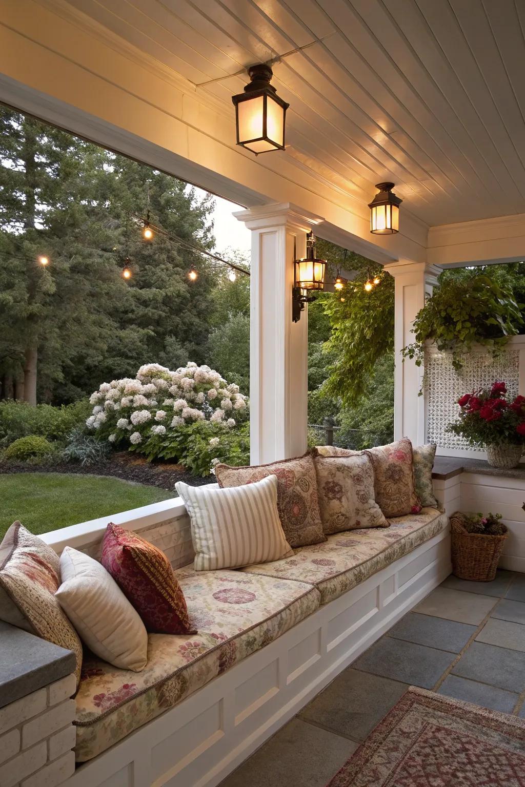 Built-in seating on a porch knee wall for ultimate relaxation.