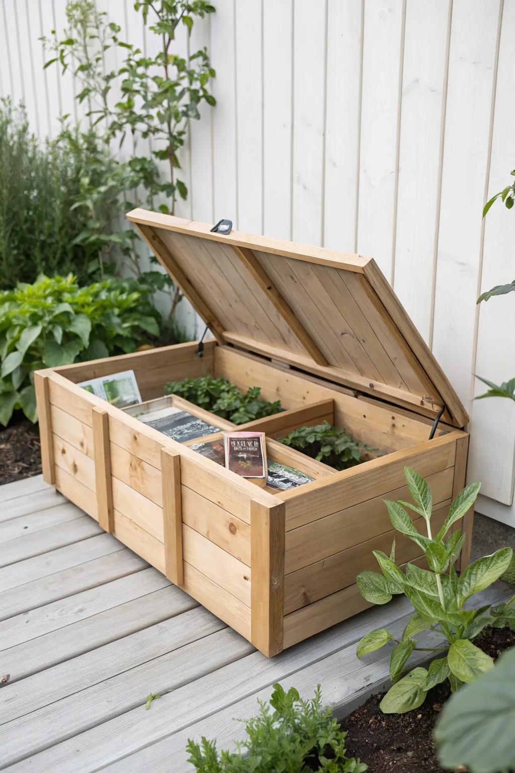 Elevate your gardening game with smart storage solutions in a minimalist raised garden bed. 🌿✨