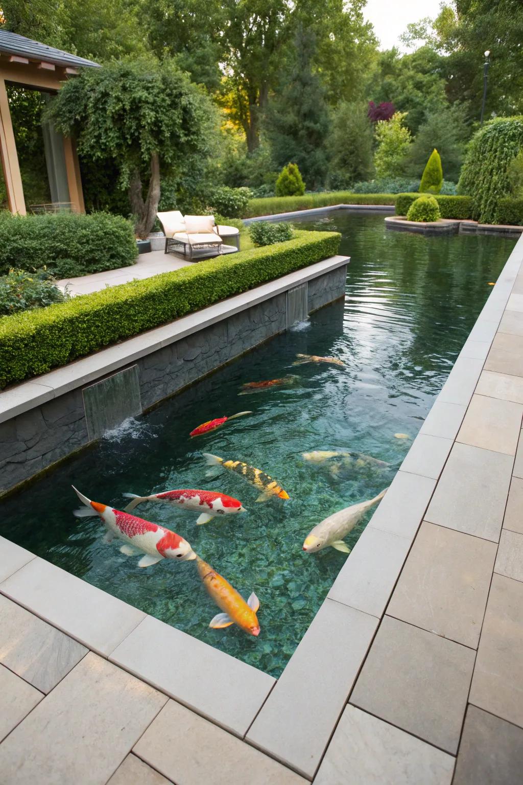 A crystal unclouded elevated koi pond for superior fish clarity.